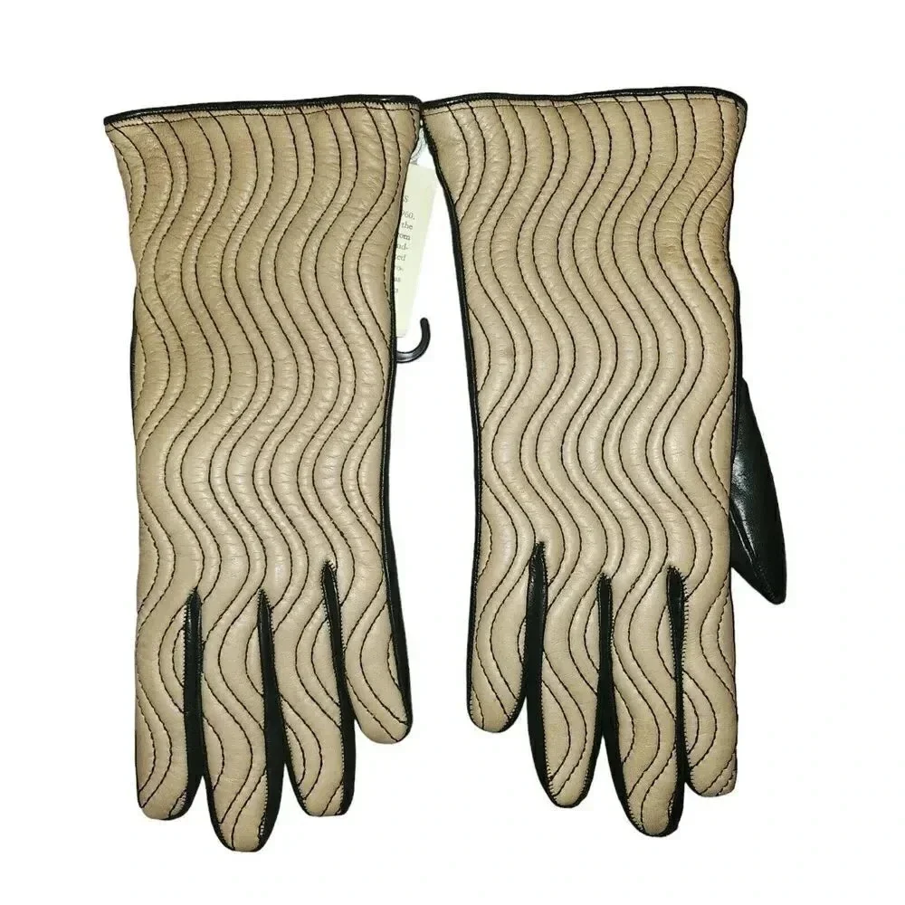 NWT Labonia Women Black Genuine Leather 100% Cashmere Lining Winter Glove Size 7